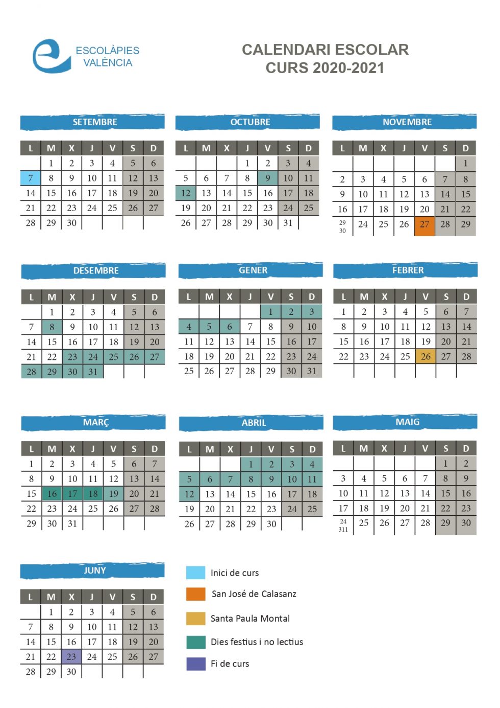 Calendario Colegio Escolapias Valencia